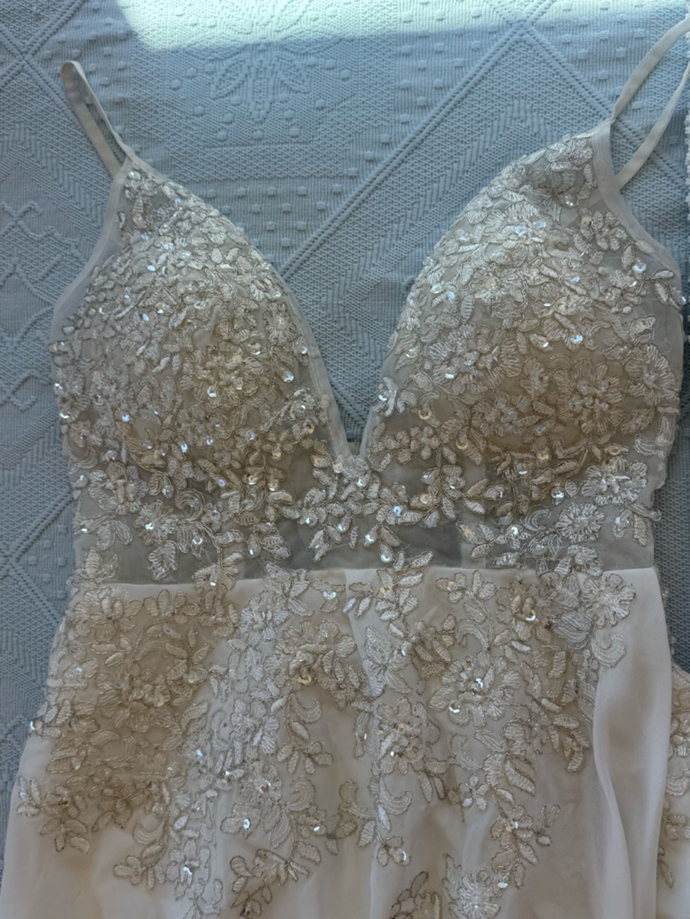 Elegant Ivory Lace Appliqué Spaghetti-Strap Dress - Picture 8 of 10